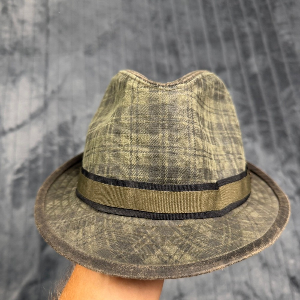 Bailey of Hollywood Mens Plaid Trilby Fedora Hat Olive Green Distressed Medium